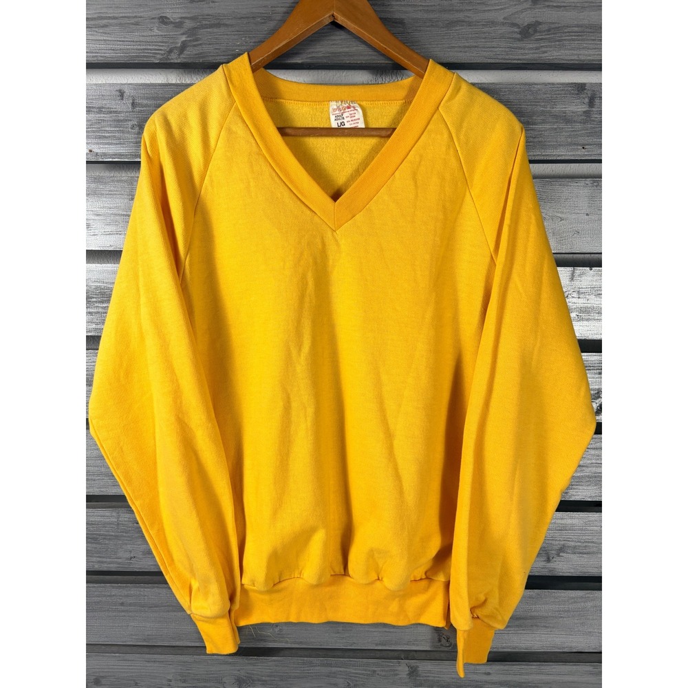 Vintage 70s Yellow V-Neck Sweatshirt Mens M Blank Solid Raglan skater skate